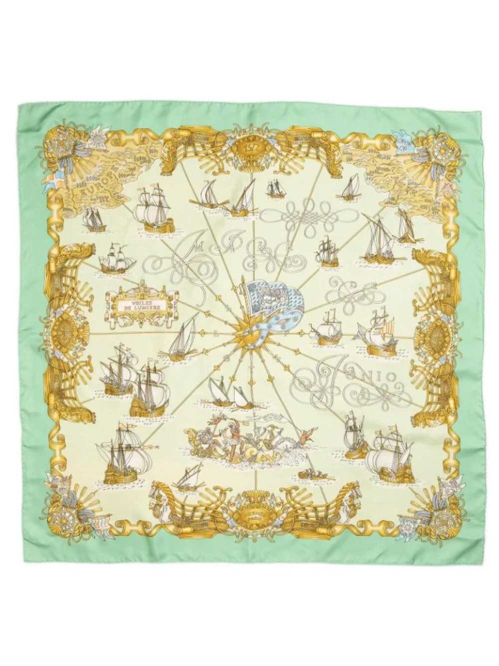 Hermes Scarf Green Gold Silk